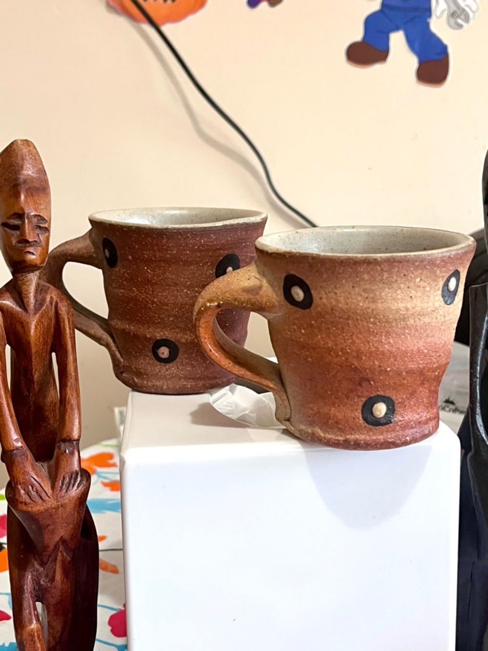 Handmade Rustic Brown Ceramic Mugs with Black Dot Accent - Set of 2